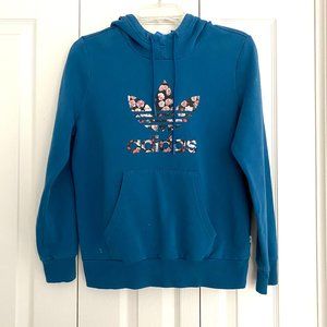 Adidas Trefoil Hoodie Sweatshirt Rose Print Logo Teal Blue Womens Size M (UK14)